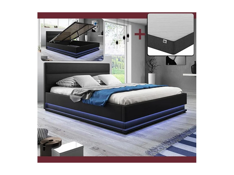 Lit double avec Coffre et Matelas 180x200cm en Noir avec LED Nitas