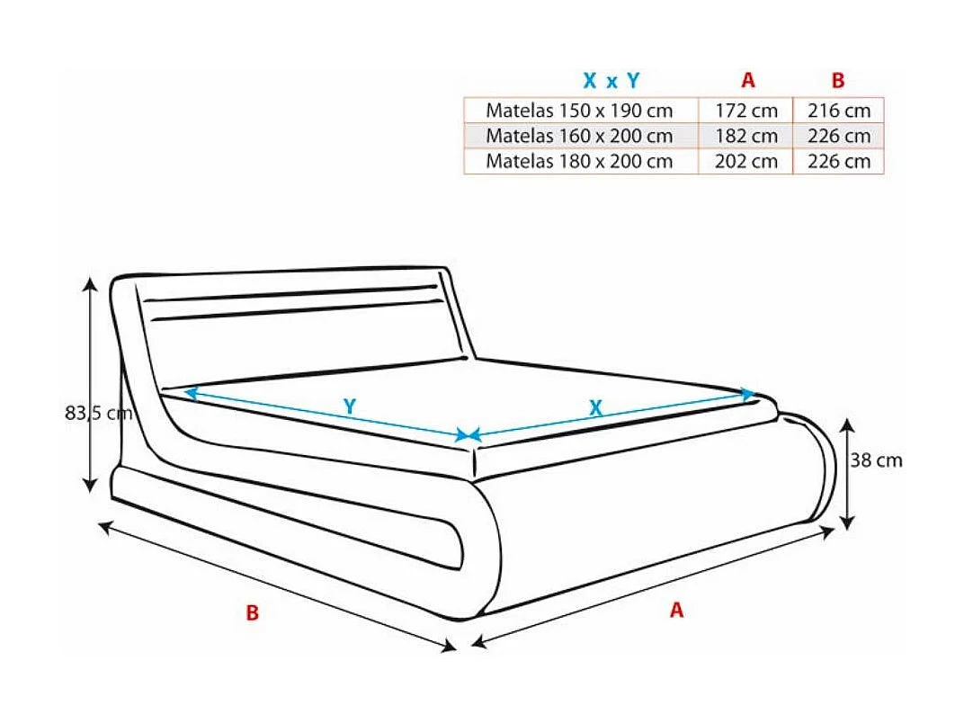 Cama de matrimonio con canapé 150x190cm en Negro con LED Rodas