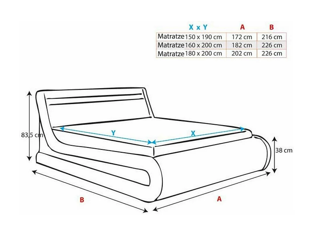 Cama de matrimonio con canapé 150x190cm en Negro con LED Rodas