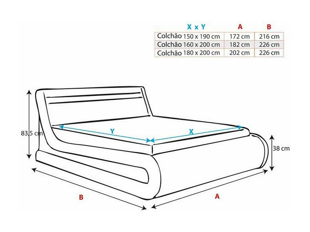 Cama de matrimonio con canapé 150x190cm en Negro con LED Rodas