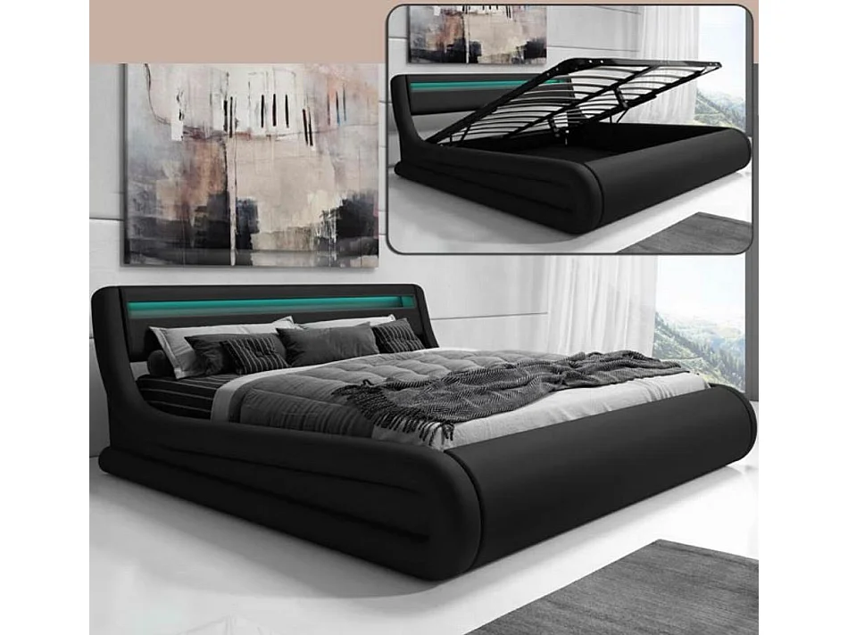 Cama de matrimonio con canapé 150x190cm en Negro con LED Rodas