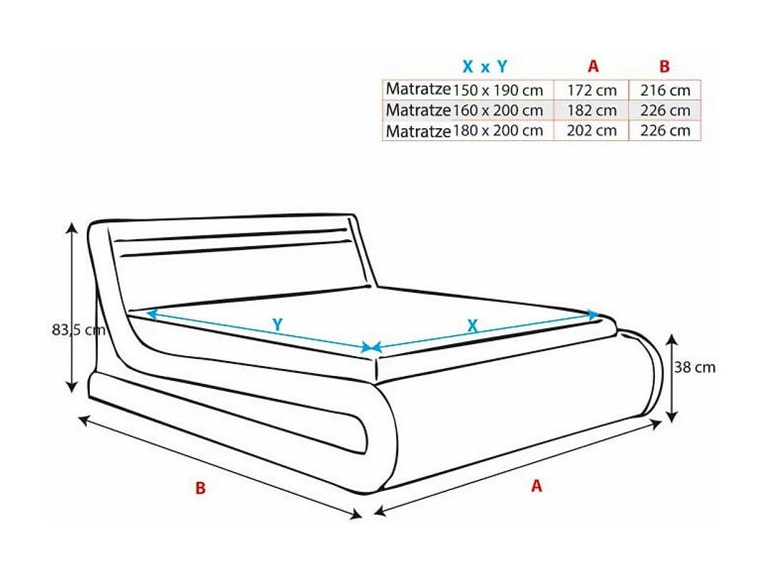 Cama de matrimonio con canapé 150x190cm en Negro con LED Rodas