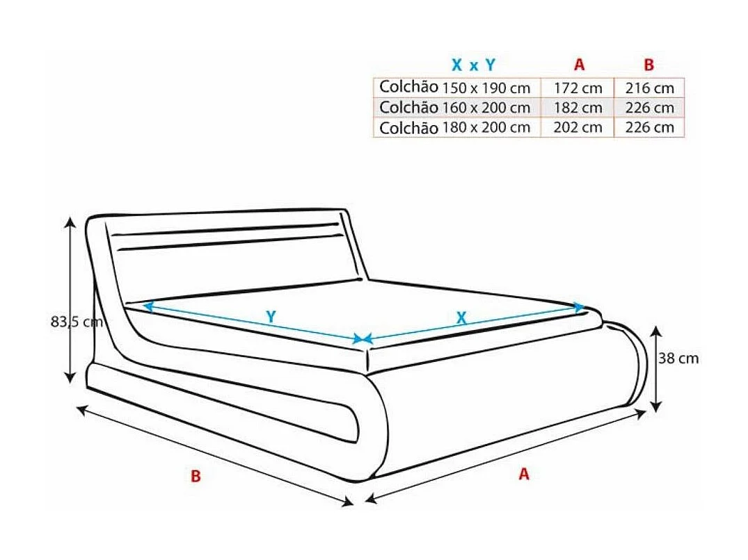 Cama de matrimonio con canapé 150x190cm en Negro con LED Rodas