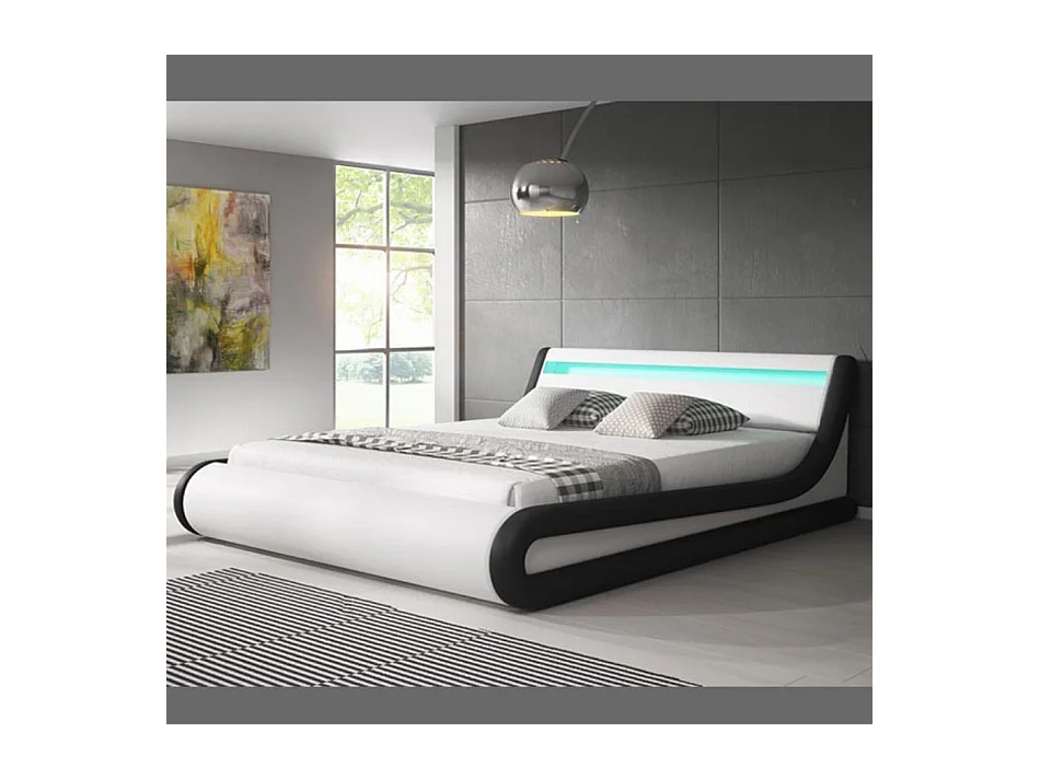 Lit double avec coffre 180x200cm en Blanc et Noir avec LED Parisina