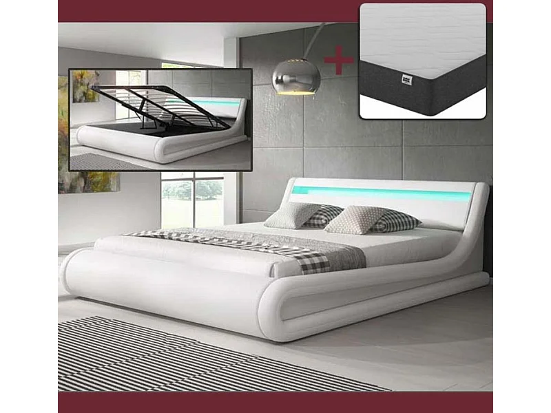 Cama de matrimonio con Canapé y Colchón 140x190cm en Blanco con LED Parisina