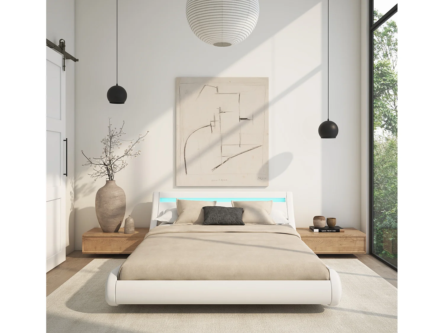 Cama de matrimonio con Canapé y Colchón 140x190cm en Blanco con LED Parisina