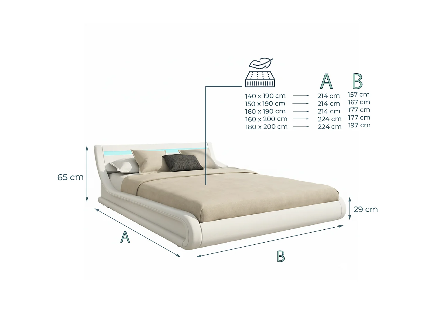 Cama de matrimonio con Canapé y Colchón 140x190cm en Blanco con LED Parisina