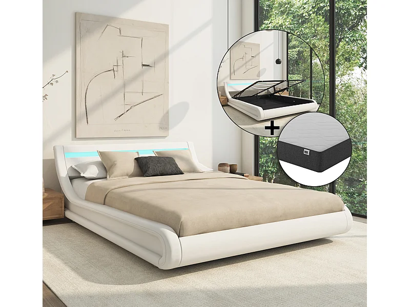 Lit double avec Coffre et Matelas 140x190cm en Blanc avec LED Parisina