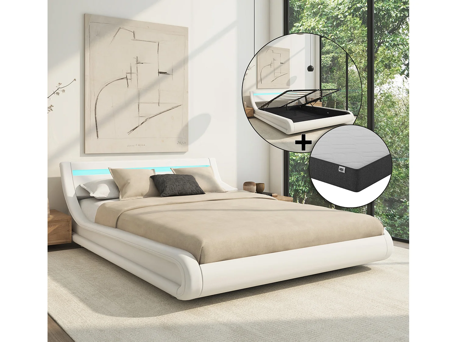 Lit double avec Coffre et Matelas 180x200cm en Blanc avec LED Parisina