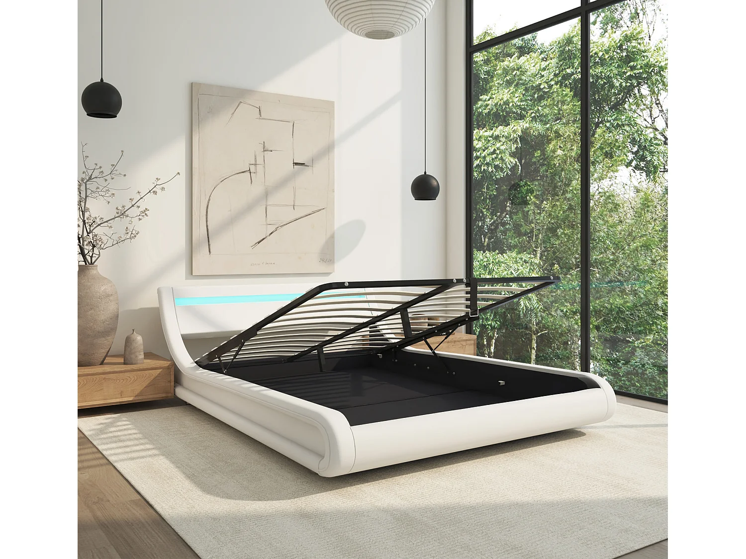 Lit double avec Coffre et Matelas 180x200cm en Blanc avec LED Parisina