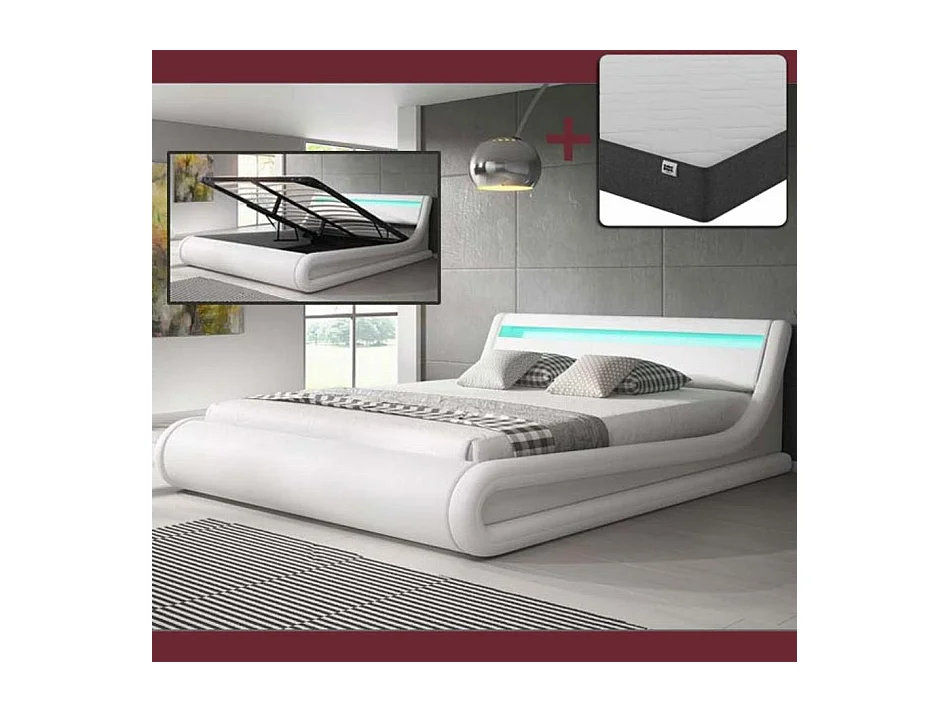 Lit double avec Coffre et Matelas 180x200cm en Blanc avec LED Parisina