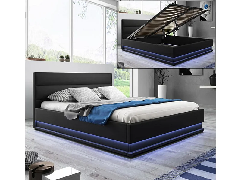 Cama de matrimonio con canapé 150x190cm en Negro con LED Nitas