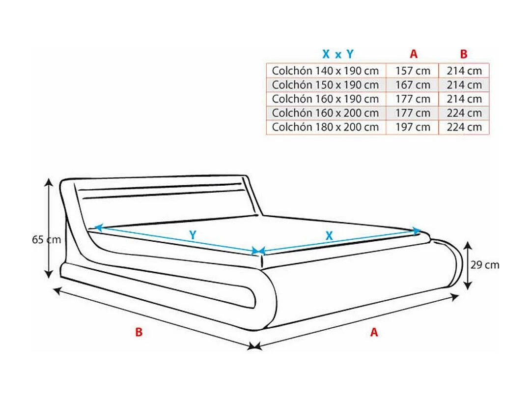 Cama de matrimonio con Canapé y Colchón 160x200cm en Negro con LED Parisina