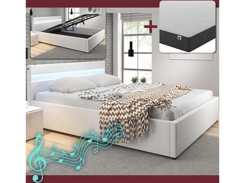 Lit double avec Coffre et Matelas 180x200cm en Blanc avec LED Bahia