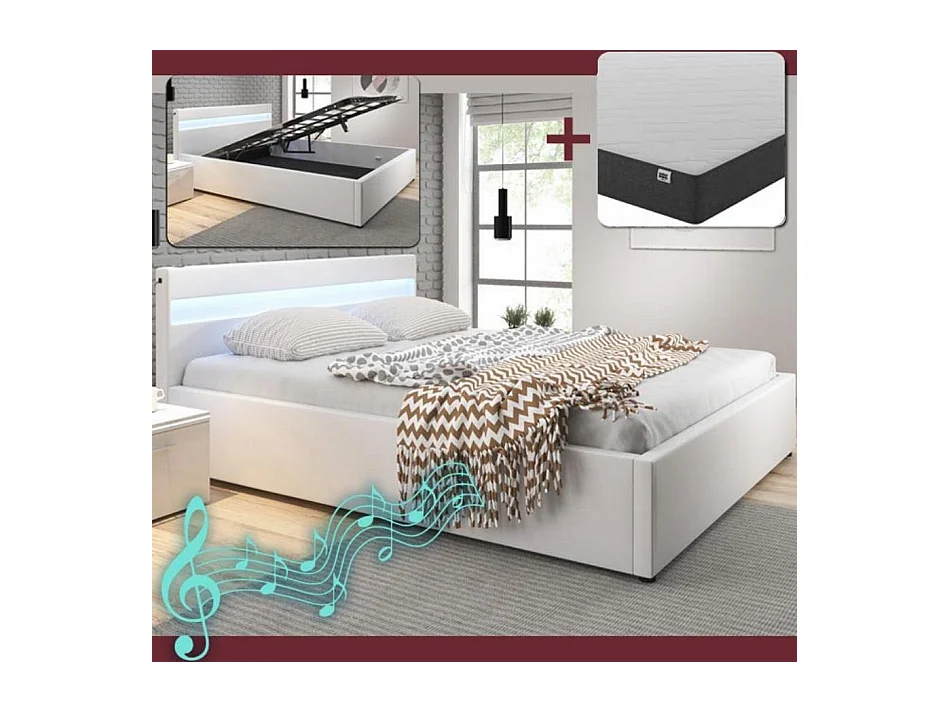 Lit double avec Coffre et Matelas 180x200cm en Blanc avec LED Bahia