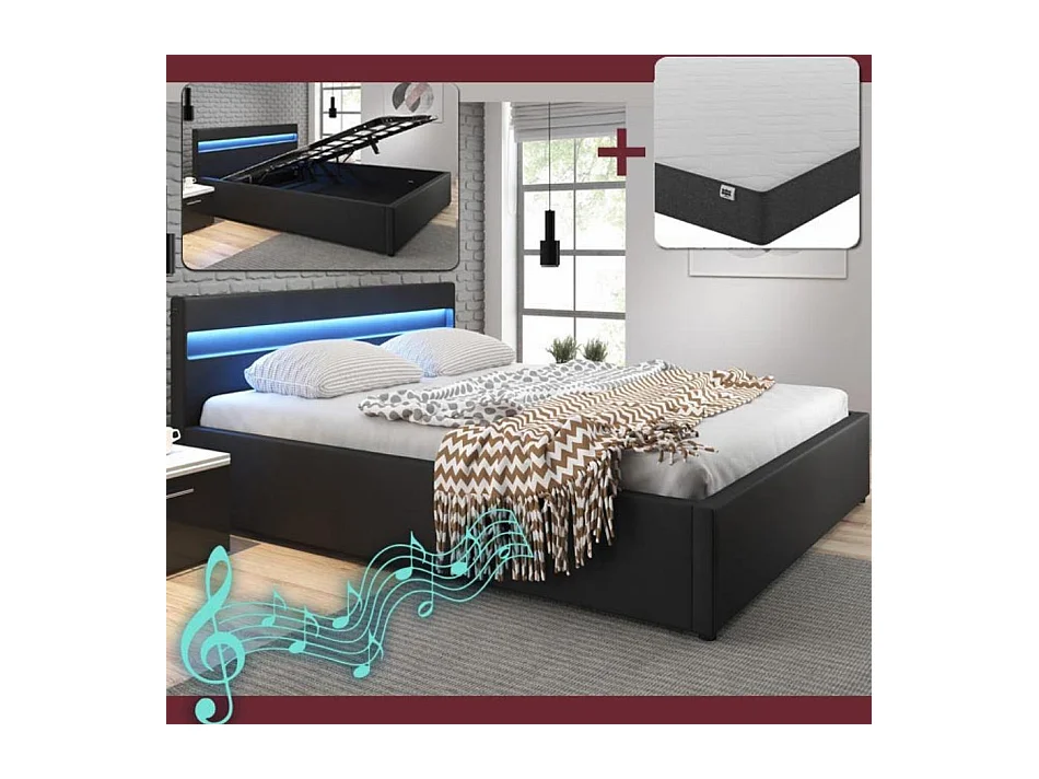 Lit double avec Coffre et Matelas 150x190cm en Noir avec LED Bahia
