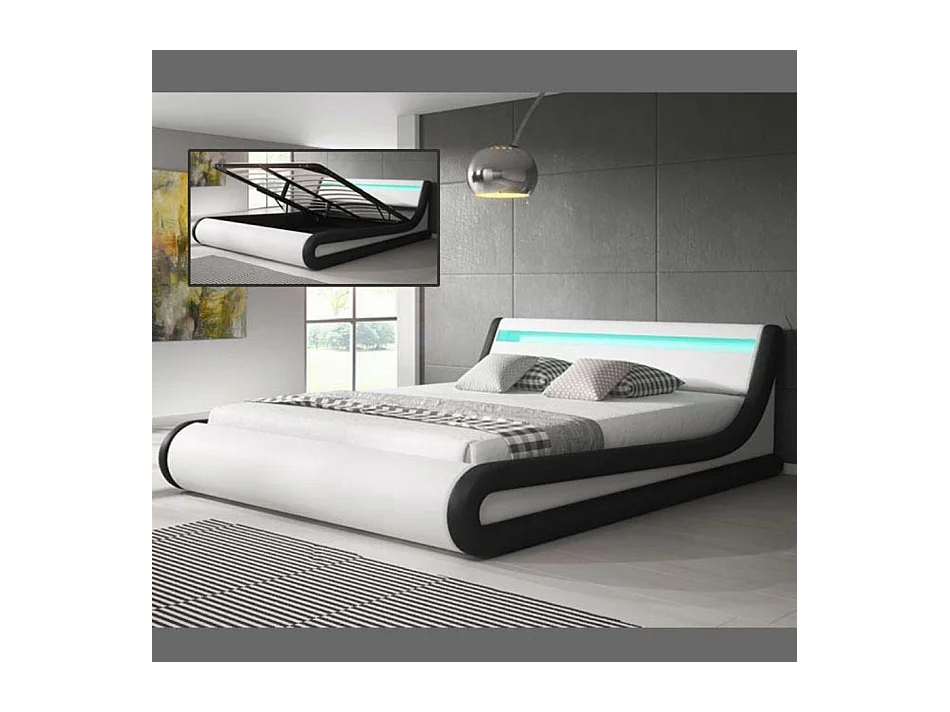 Cama de matrimonio con canapé 140x190cm en Blanco y Negro con LED Parisina