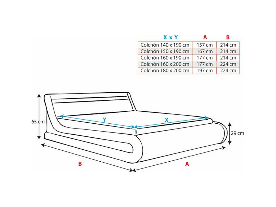 Cama de matrimonio con canapé 140x190cm en Blanco y Negro con LED Parisina