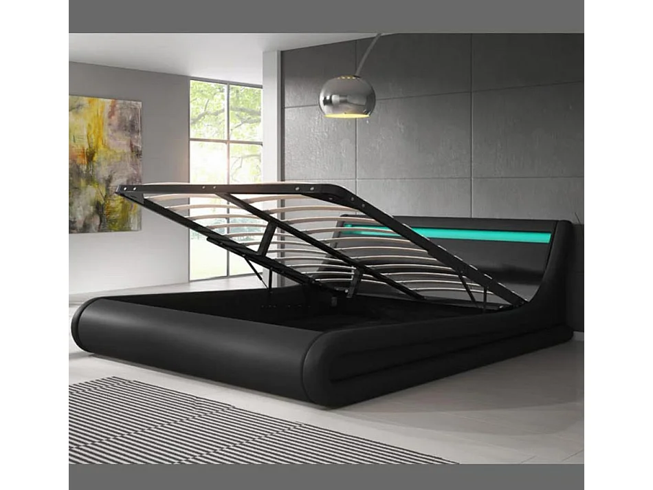 Lit double avec Coffre et Matelas 150x190cm en Noir avec LED Parisina