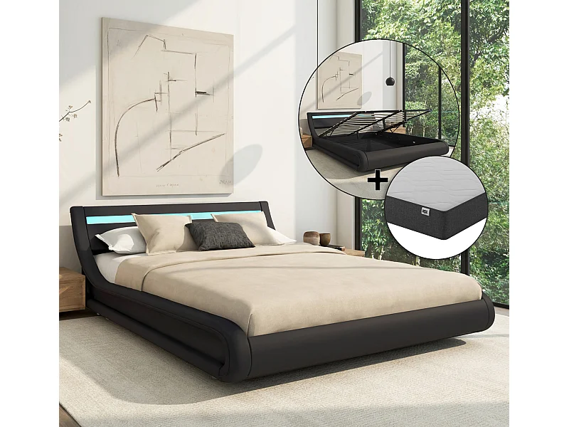 Cama de matrimonio con Canapé y Colchón 150x190cm en Negro con LED Parisina