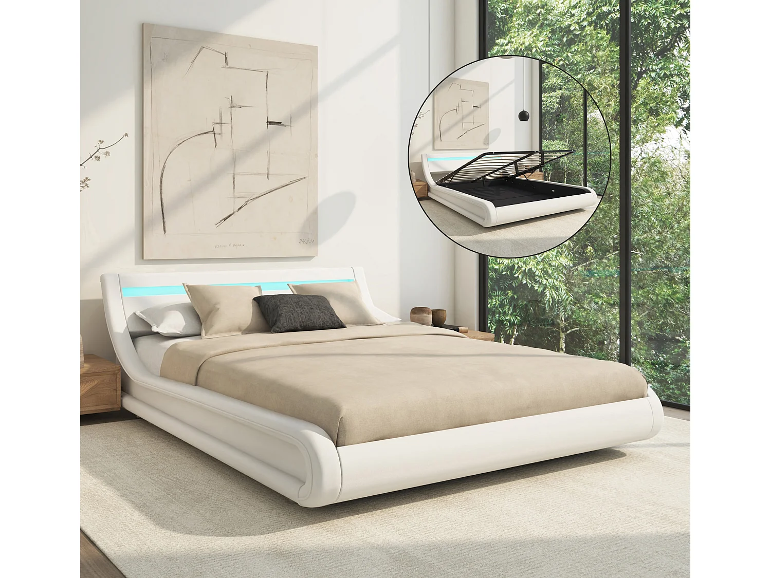 Cama de matrimonio con canapé 140x190cm en Blanco con LED Parisina
