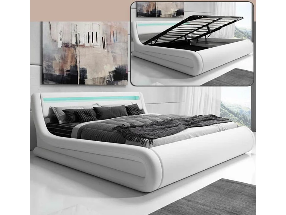 Lit double avec coffre 180x200cm en Blanc avec LED Rodas