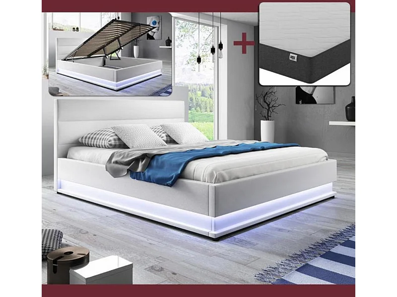 Cama de matrimonio con Canapé y Colchón 150x190cm en Blanco con LED Nitas