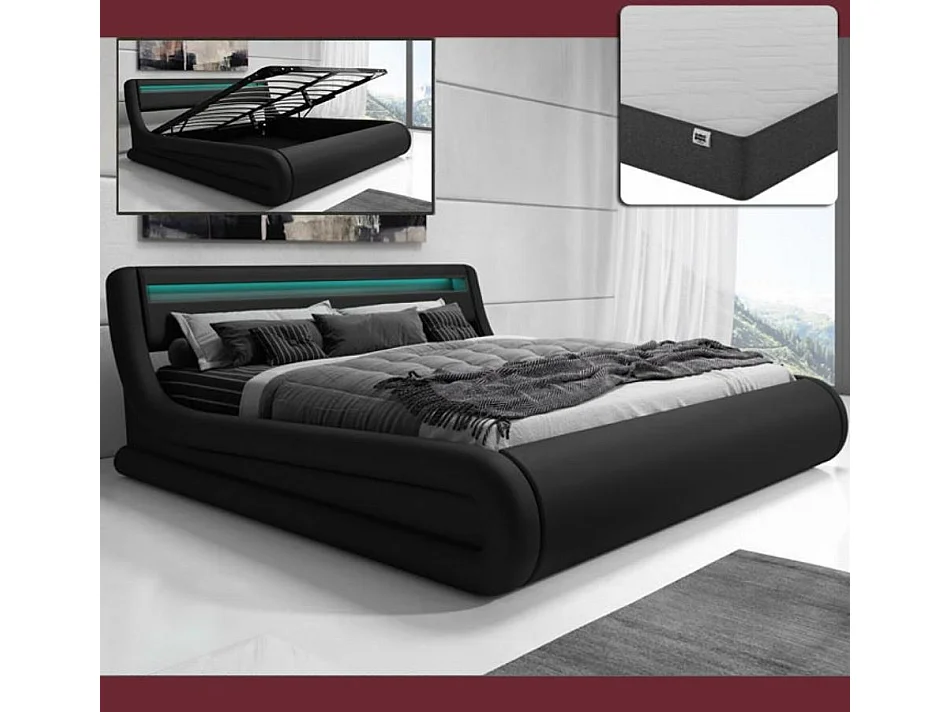 Lit double avec Coffre et Matelas 180x200cm en Noir avec LED Rodas