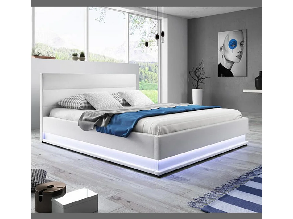 Lit double avec coffre 160x200cm en Blanc avec LED Nitas