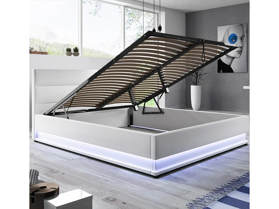 Lit double avec coffre 160x200cm en Blanc avec LED Nitas