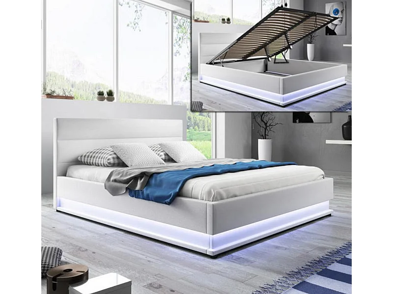 Lit double avec coffre 160x200cm en Blanc avec LED Nitas