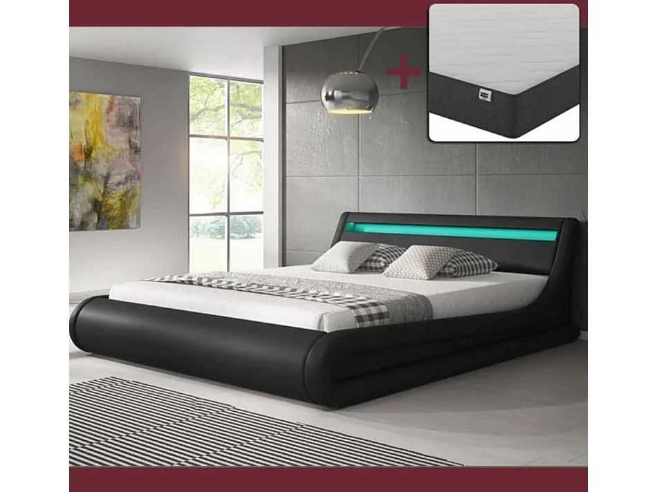 Cama de matrimonio con Canapé y Colchón 140x190cm en Negro con LED Parisina