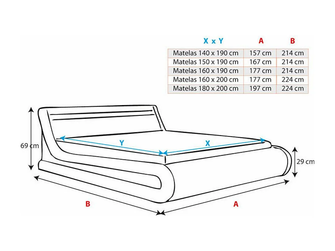 Cama de matrimonio con Canapé y Colchón 140x190cm en Negro con LED Parisina