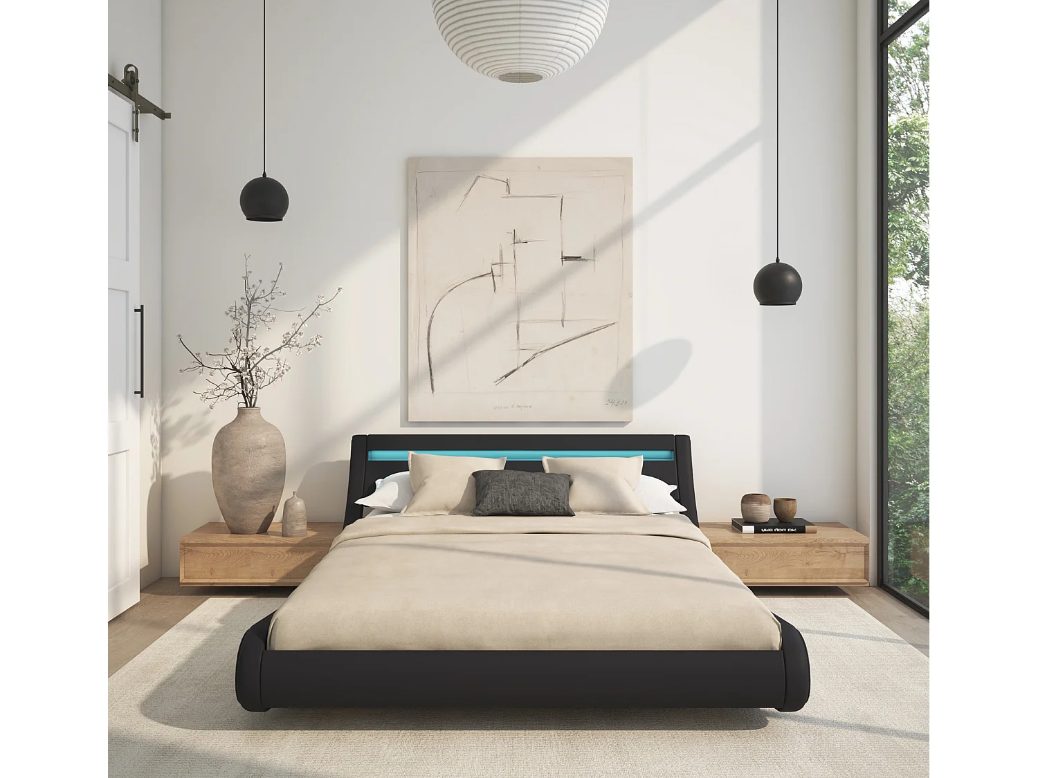 Cama de matrimonio con Canapé y Colchón 140x190cm en Negro con LED Parisina