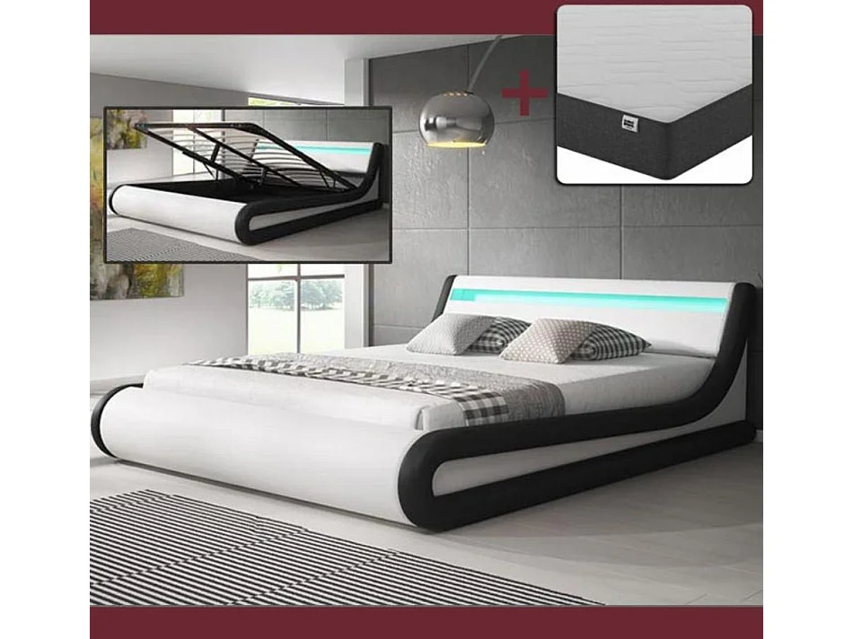 Cama de matrimonio con Canapé y Colchón 180x200cm en Blanco y Negro con LED Parisina