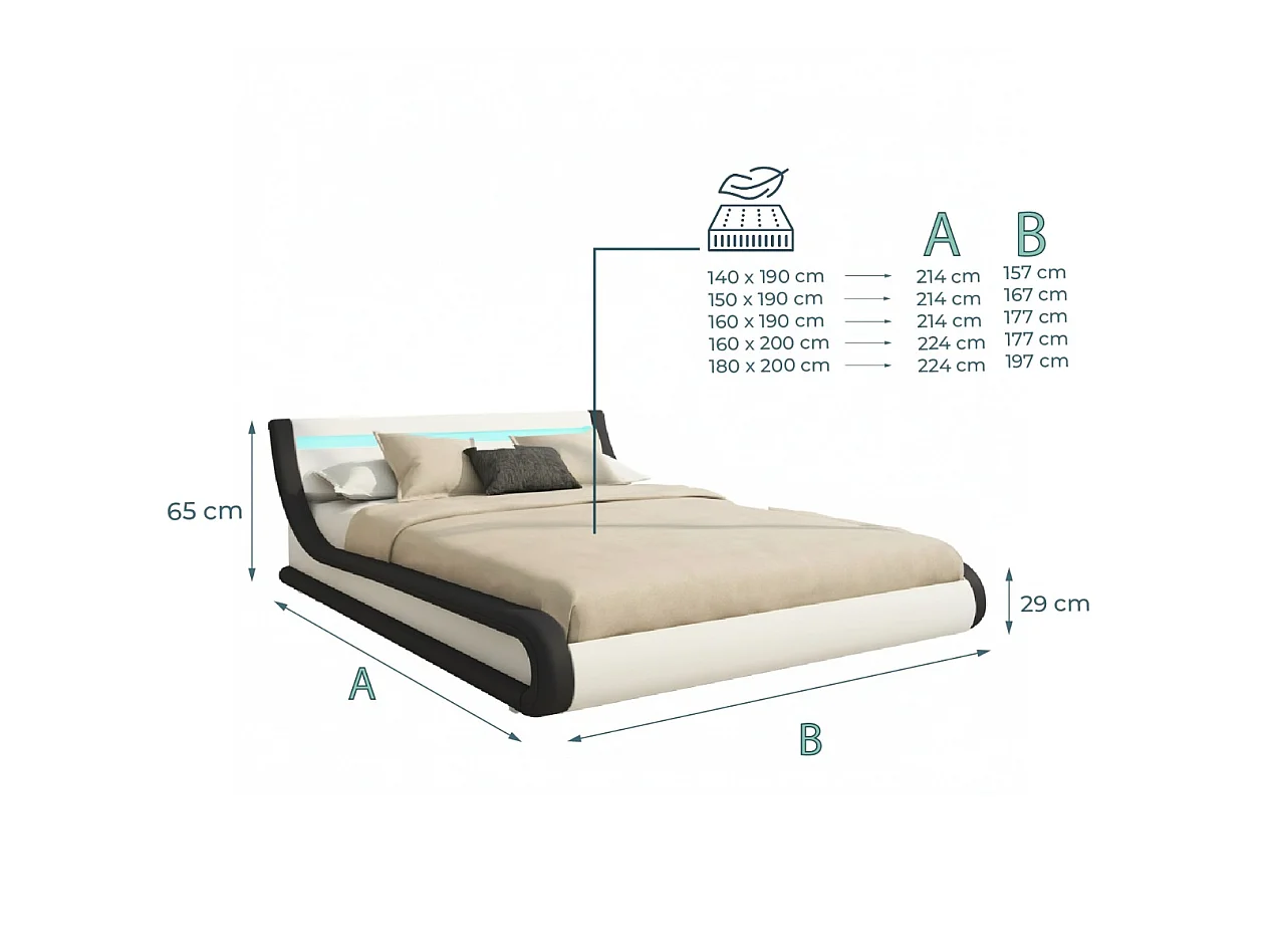 Cama de matrimonio con Canapé y Colchón 180x200cm en Blanco y Negro con LED Parisina