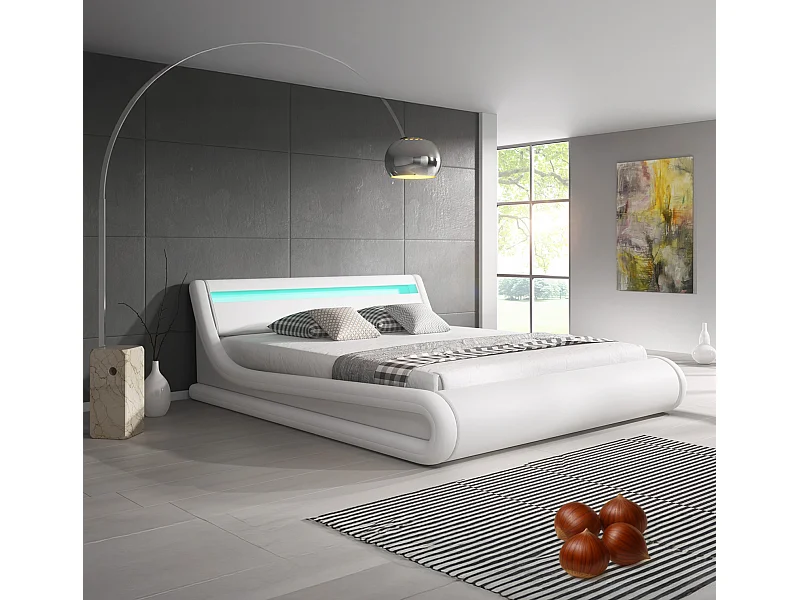 Cama de matrimonio con canapé 150x190cm en Blanco con LED Parisina