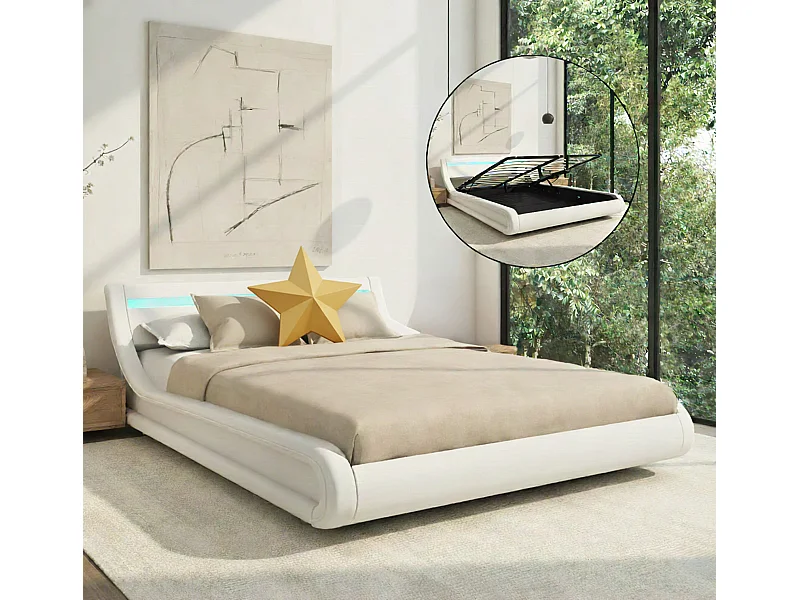 Cama de matrimonio con canapé 150x190cm en Blanco con LED Parisina