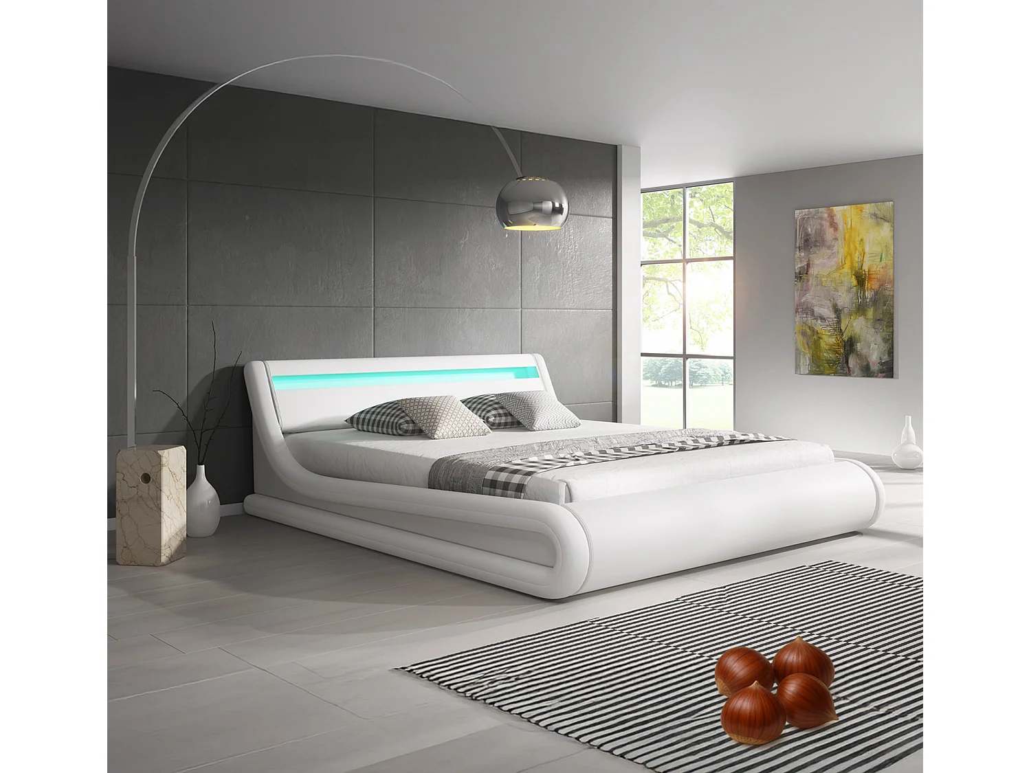 Cama de matrimonio con canapé 150x190cm en Blanco con LED Parisina