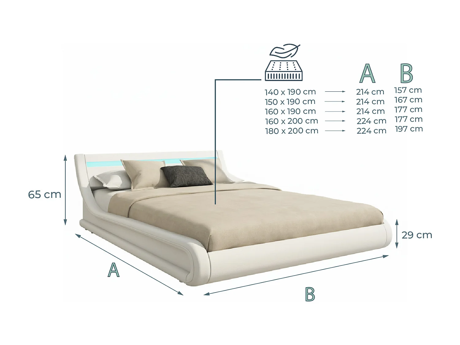 Cama de matrimonio con canapé 150x190cm en Blanco con LED Parisina