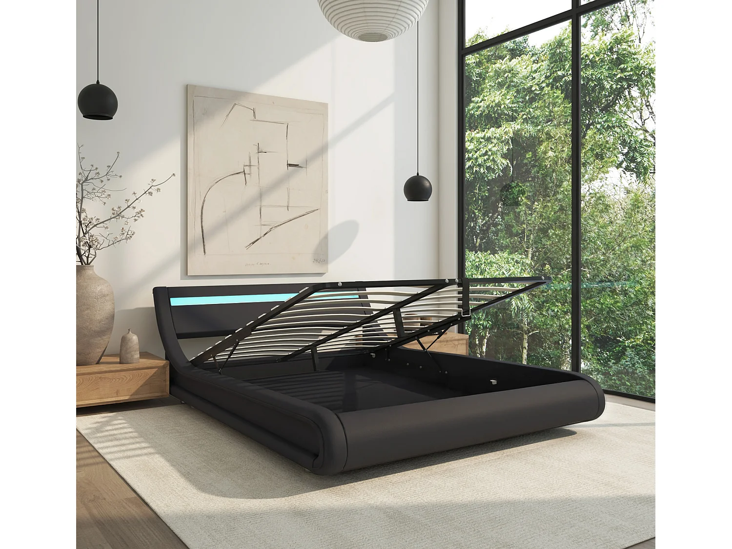 Cama de matrimonio con Canapé y Colchón 180x200cm en Negro con LED Parisina