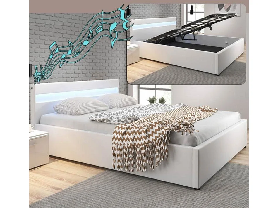 Lit double avec coffre 150x190cm en Blanc avec LED Bahia