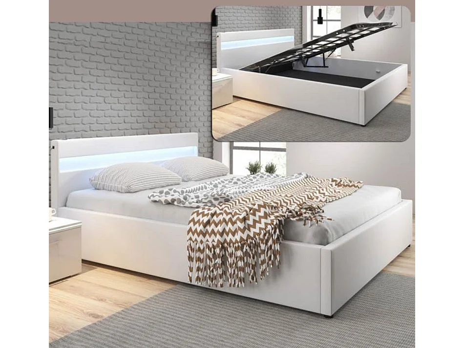 Lit double avec coffre 150x190cm en Blanc avec LED Bahia