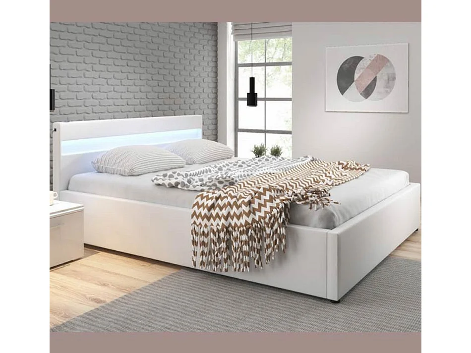 Lit double avec coffre 150x190cm en Blanc avec LED Bahia