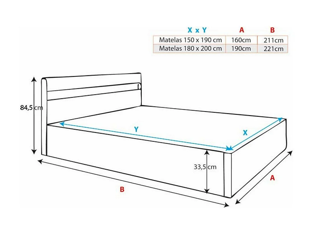 Lit double avec coffre 150x190cm en Blanc avec LED Bahia