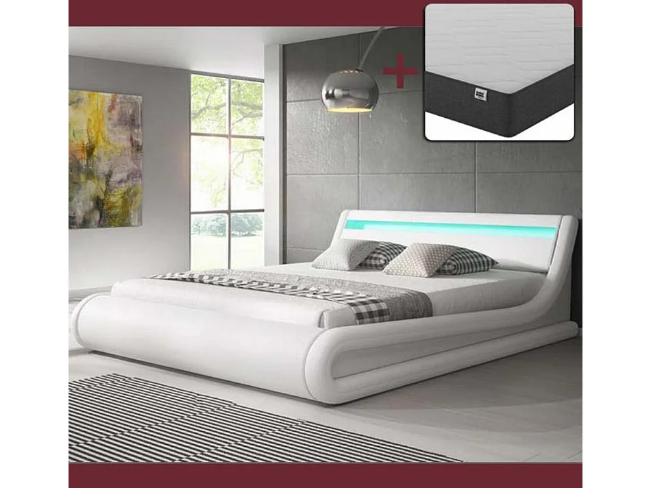 Cama de matrimonio con Canapé y Colchón 160x200cm en Blanco con LED Parisina