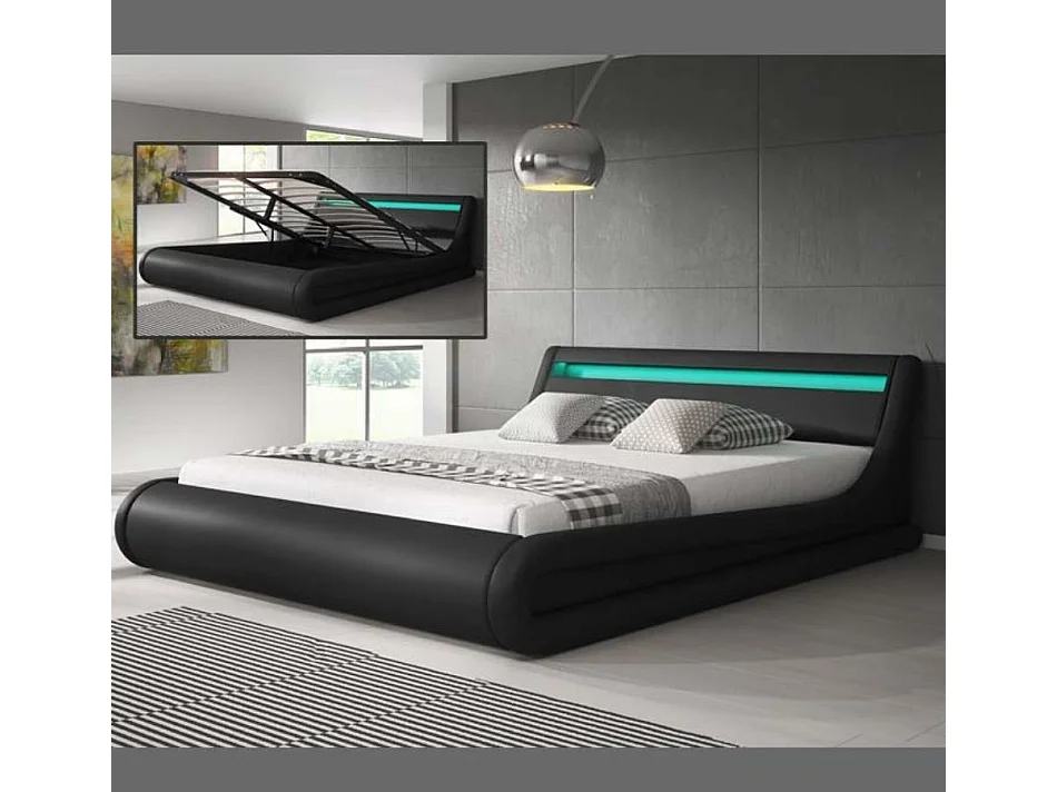 Lit double avec coffre 180x200cm en Noir avec LED Parisina