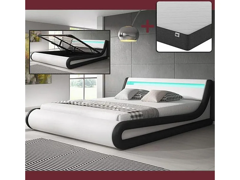 Cama de matrimonio con Canapé y Colchón 160x200cm en Blanco y Negro con LED Parisina