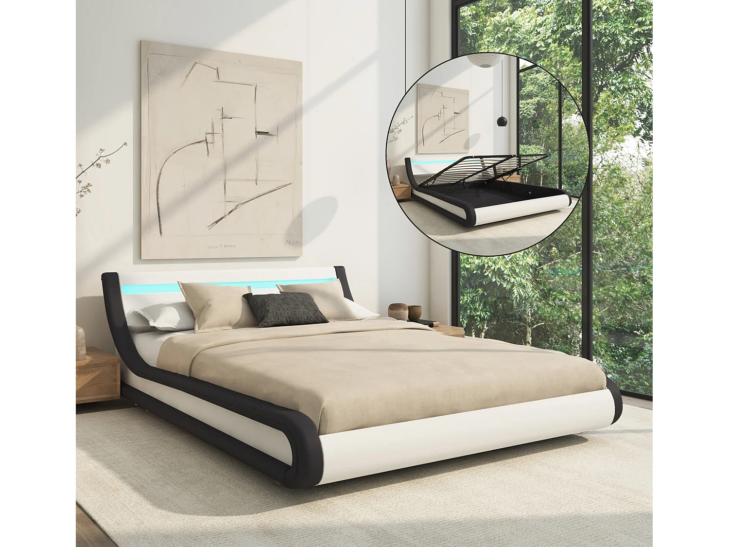 Lit double avec Coffre et Matelas 160x200cm en Blanc et Noir avec LED Parisina