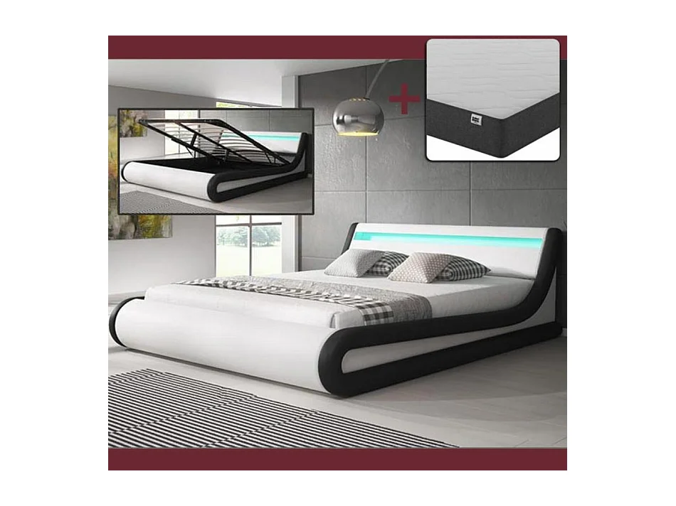 Lit double avec Coffre et Matelas 160x200cm en Blanc et Noir avec LED Parisina
